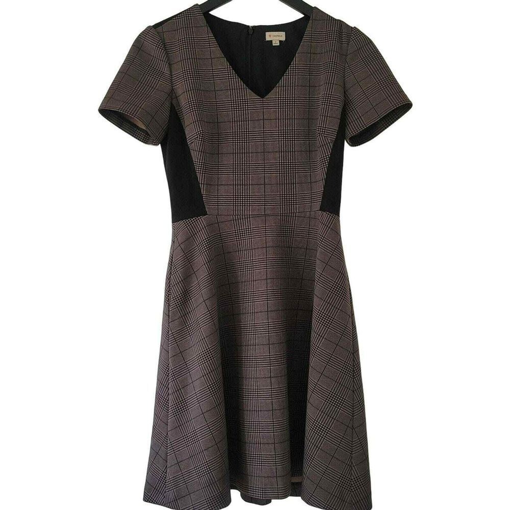 Cremieux Plaid V-Neck Dress Preppy Faux Suede Panels Short Sleeve Pockets 2